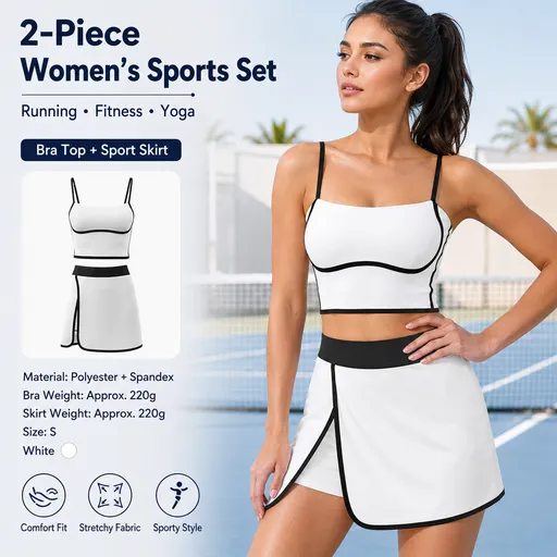 White S Size Women's Linear Sports Set - Polyester Spandex Blend with Adjustable Straps, Removable Pads and Anti-Exposure Skirt for Yoga, Running and Gym