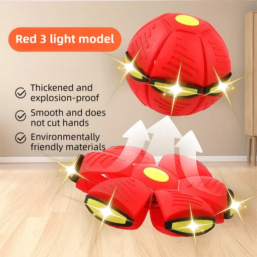 Red LED Transforming Flying Disc Ball Toy with Music & 3 Light - Soft EVA Bounce Ball and Frisbee Shape Switchable Outdoor Interactive Soccer Toy for Exercise and Fun