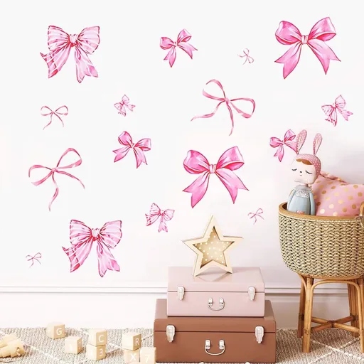 12 Sheets Pink Bow Wall Stickers with Watercolor Style Bow Knot Wall Decal Practical for Multiple Scenes for Girl Bedroom Nursery Living Room