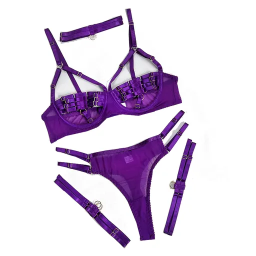 Hod Health & Home Colourful Sexy Open Bra Bondage Fetish Lingerie Set Black Hunter Green Neon - Purple - L