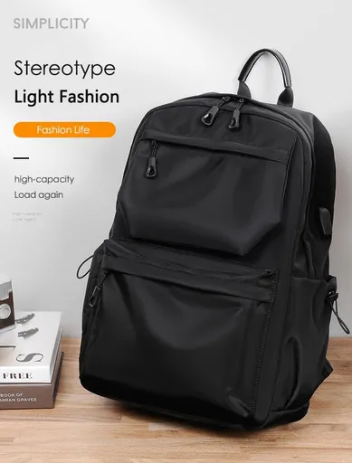 Fashionable Backpack Waterproof Bags Large Capacity Travel Bag Multi Pockets with USB Charging Port (black)