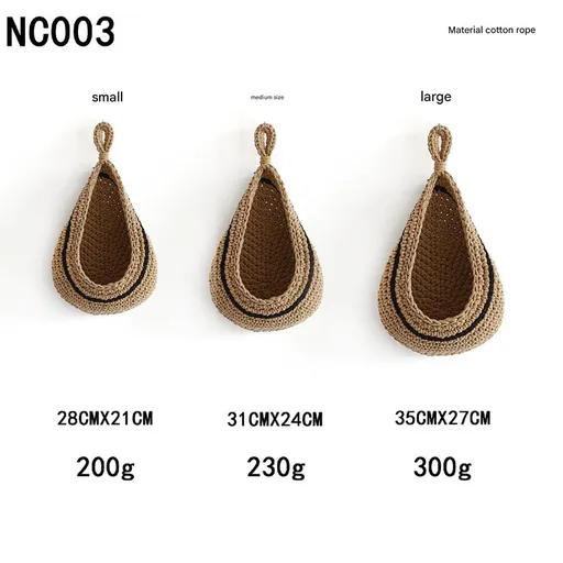 Khaki 3-Piece Wall-Mounted Cotton Rope Storage Baskets – Large, Medium, and Small Hand-Woven Fruit/Vegetable/Storage Nets (Large weight 300g, Medium weight 230g, Small weight 200g)