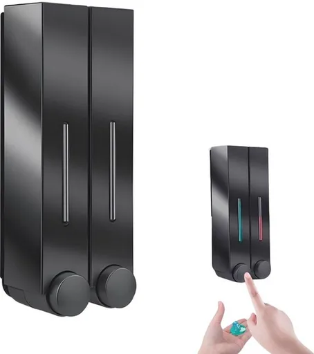 Shampoo Dispenser - Soap Dispenser - Soap Dispenser - ABS - Liquid Level Indicator - 2 Leak-Proof Reservoirs - 2x420ml - Push-Type - No Drilling Required - Soap Pump - Soap Pump - Hanging - Wall Mounting - Shower/Kitchen - Bathroom Accessory - Black