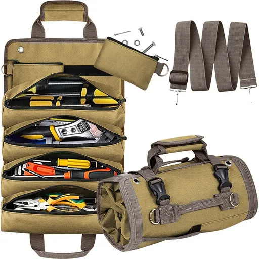 Khaki Multi-Purpose 600D Oxford Cloth Roll-Up Tool Organizer Bag – Heavy-Duty Waterproof & Anti-Scratch Organizer for Electricians, Mechanics & Automotive Use-Duty Oxford Fabric - Multi-Pocket Storage for Electricians, Mechanics & DIY Enthusiasts