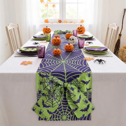 Halloween Table Runner 72 in with Big Bows Spillproof Pumpkin Ghost Spill-proof/Water-resistant,3D Statement Bow-Knot,Premium Heavyweight Fabric,Spillproof Coating & Outdoor Ready - Multi - Size B