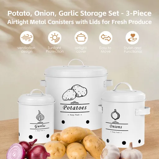 3 Piece Galvanised Iron Vegetable Storage Tins Rustic Design Easy Clean Durable Metal Construction 26cm 17cm 11cm