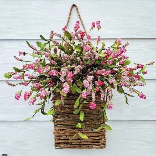 Pink Berry Wildflower Door Hanger Basket Wreath, Hanging Wildflowers Door Basket Wreath for Front Door Home Porch Wall Decor