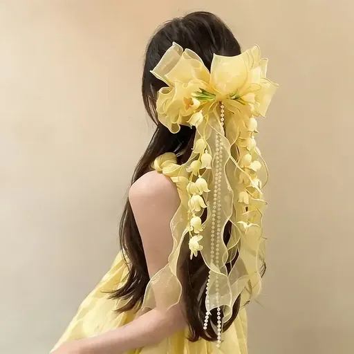 New Organza Bow Hair Clip, Bohemian Long Ribbons, Oversized Gauze Lily-of-the-Valley Pearl Strand, Pastoral Floral Ethereal Charm, Must-have Hair Accessory for Weddings, Hanfu, Parties & Vacations./YELLOW