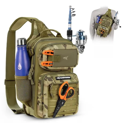 Fishing Sling Bag, Fishing Backpack with Rod Holder Fishing Bag Storge Fishing Gear, Gift for Men, Molle System, Water-Resistant Material - Green Camo - Size 1Pack