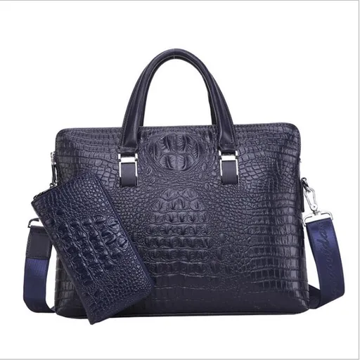 Blue Men's Luxury Crocodile Embossed PU Leather Briefcase(39 x 8 x 28 CM) With FREE Crocodile Wallet - Dual-Zip Business Shoulder/Crossbody Laptop Bag (Fits 14-inch)