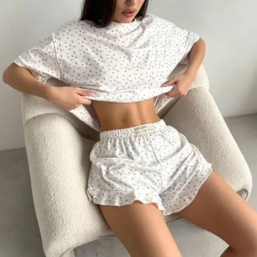 White Size L | Cotton Ruffle Trim Pajama Set | Christmas Laid-Back Home Gift | Round Neck Short Sleeve Loose Wearable Loungewear
