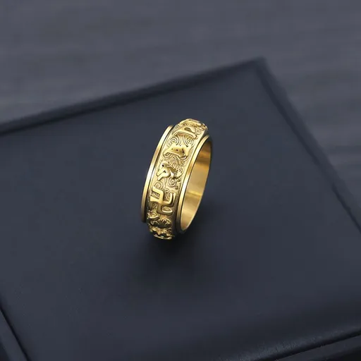 shengshu Six Syllable Mantra Rotating Ti Steel Men Ring Between gold US No. 9