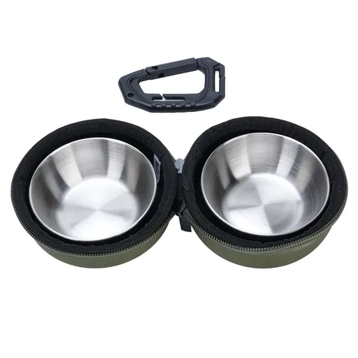 Foldable Dog Double Bowls Portable Stainless Steel Travel Pet Food Water Bowl with EVA Bag and Clip For Outdoor Camping Green