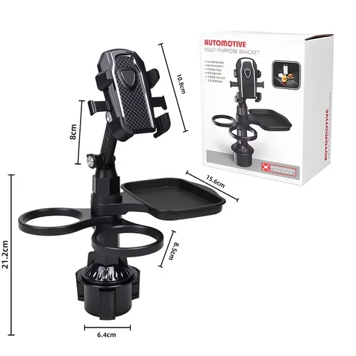 3-in-1 Car Rotating Dinner Tray & Double Cup Holder with Secure Phone Mount - Car Cup Slot Swivel Expander and Snacks & Drinks Organizer