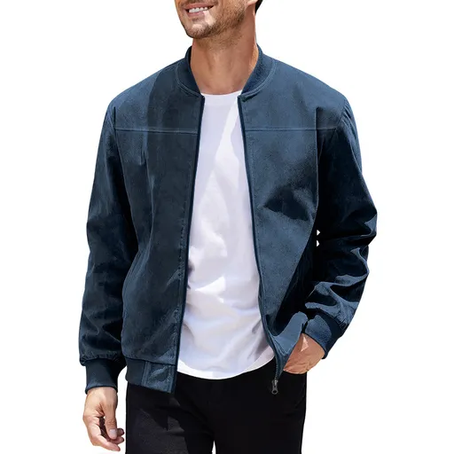 Men's Varsity Bomber Flight Jacket Breathable Windbreaker Zip Coat Faux Leather, Navy, XL