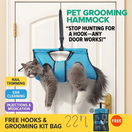 Suspended Pet Grooming Hammock with Adjustable Hanging Straps and Bonus Grooming Kit – Breathable Mesh Sling for Small Pets, Ideal for Nail Trimming, Ear Cleaning, Hair Drying, and Tear Stain Removal at Home (Blue)