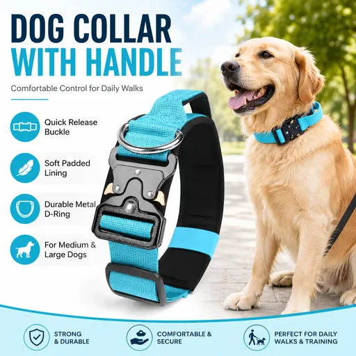 Blue Tactical Dog Collar for Large Dogs (L size)- Wide Padded Nylon Collar with Quick Release Metal Buckle, Control Handle and D-Ring for Walking and Training
