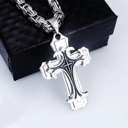 silver Men's Vintage Flat Handmade Necklace with Multi-layered Stainless Steel Pendant Jewelry Accessory.
