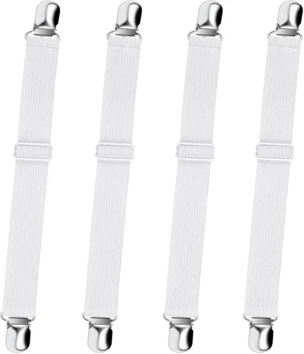 Bed Sheet Straps, Adjustable Elastic Fitted Sheet Corner Holders Straps to Stay in Place, Non-Slip Fasteners Clips Compatible for Crib to King Size Bed, White 4Pcs