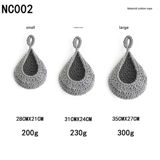Grey 3-Piece Wall-Mounted Cotton Rope Storage Baskets – Large, Medium, and Small Hand-Woven Fruit/Vegetable/Storage Nets (Large weight 300g, Medium weight 230g, Small weight 200g)