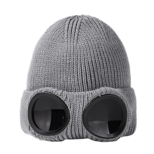 Men Women Winter Knitted Beanie Built-In Wind Protection Goggles, Upgraded Warm Skull Cap, Versatile Grey One Size
