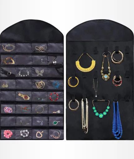 Aerend - Jewelry organizer - Double-sided hanging and transparent jewelry stand - Storage accessories - Over-the-door storage bag in black - For necklaces, earrings, sunglasses, rings, makeup