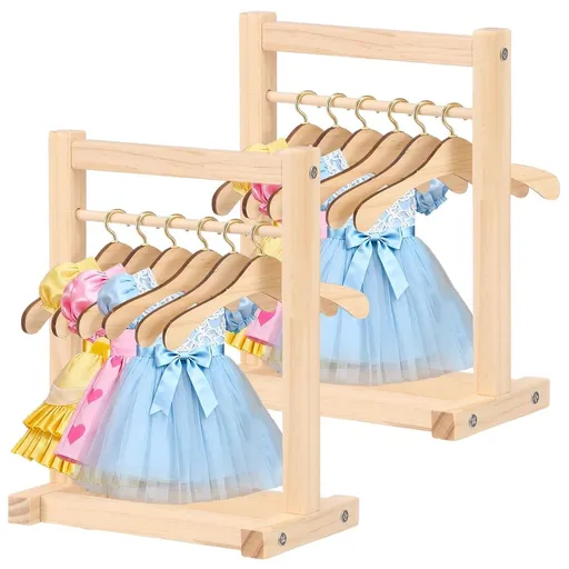 2Pcs Wooden Doll Garment Rack with 12 Hanger Miniature Doll Clothing Hanger Rack for Girl Dollhouse Bedroom Living Room