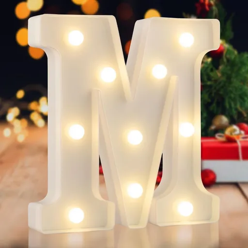 Sign letter M, warm white, 26 letters, 10 numbers, heart and & symbol; for birthday, party, Christmas, home, bar, wedding decoration; DIY word combinations; wall & tabletop display; battery operated.