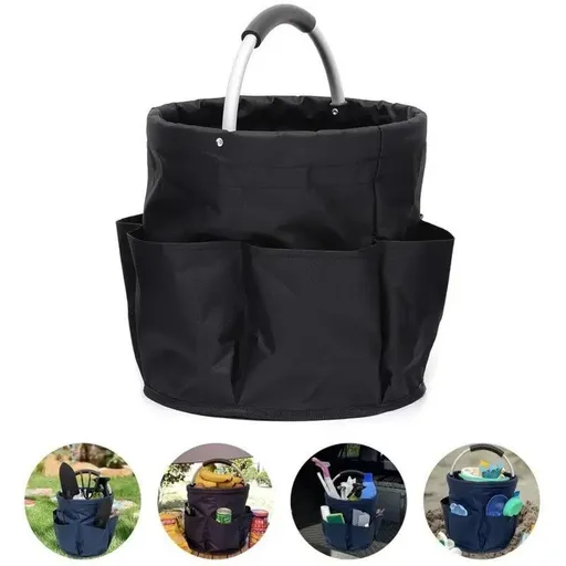 Foldable Handheld Storage Bucket with 6 Pockets, Oxford Garden Tool & Picnic Organizer Tote - Black