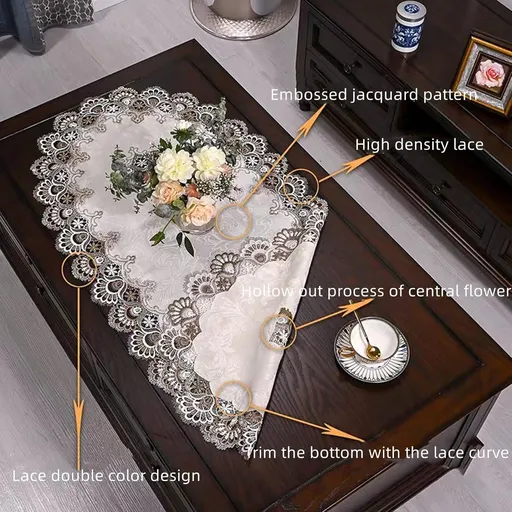 Embroidered Lace Tablecloth Lace Coffee Table Cover Oval Hollow Fabric Tablecloth, Dryer, Refrigerator Top Dust Cover (20''X43'')