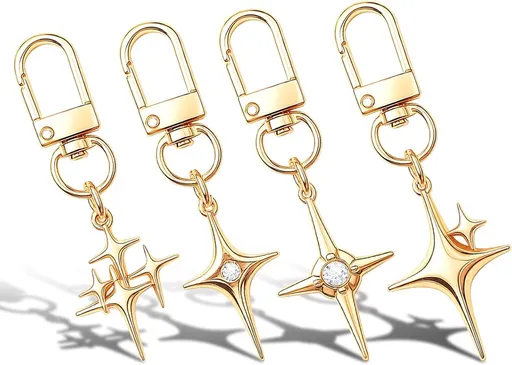 4 Pack Keychain Vintage Y2K Cross Star Pendant 2.6x0.79 Inch Gold