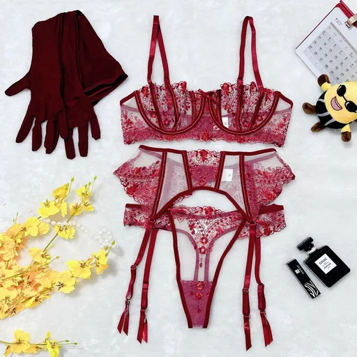 House Of Dasein Floral Embroidery Patchwork Sheer Mesh Sexy Lingerie Set For Women - Wine Red - M