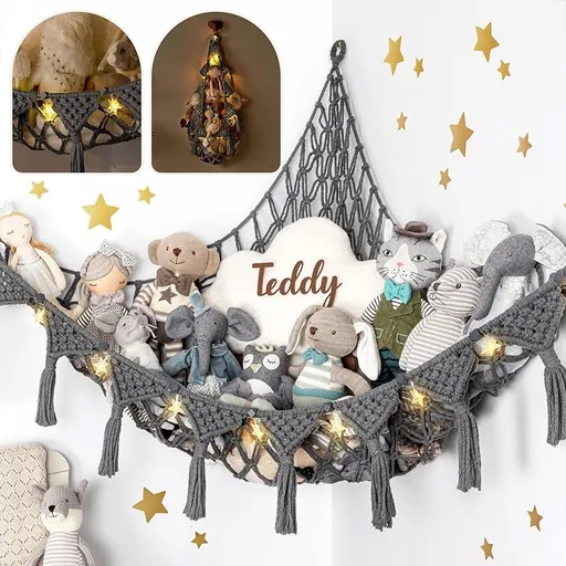 Stuffed Animal Hammock Corner Macrame Toy Storage Net with LED Lights - Grey