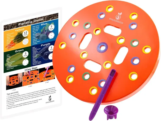 Round Seed Planting Template by – Patented Color-Coded Garden Spacing Tool Kit with Seed & Seedling Spacer, Dibber with Seed Spoon & Laminated Vegetable Growing Guide