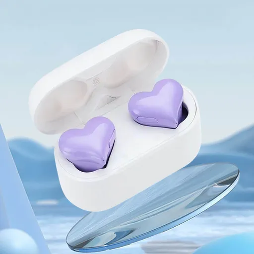 Heart Shaped Earbuds, stylish Bluetooth 5.3 earphones with HiFi stereo sound, waterproof noise reduction and charging case, Purple