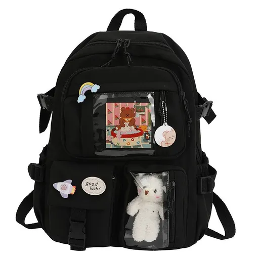 Kawaii Backpack, Cute Bookbags With Kawaii Pin And Accessories black cute kawaii backpack --(Black)