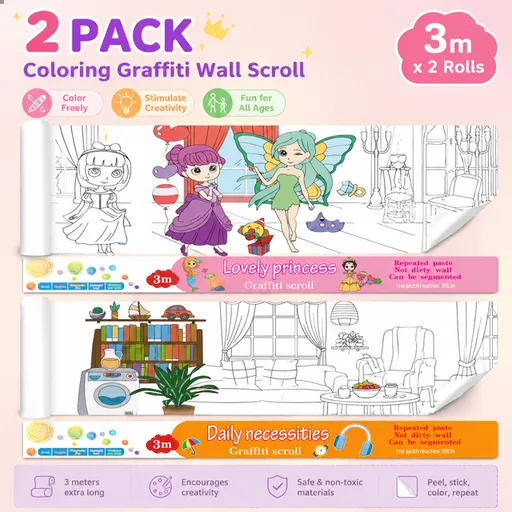 3M Extra Long Reusable Coloring Paper Roll 2 Pack, Lovely Princess + Daily Life Theme Self-Adhesive Wall Coloring Poster and DIY Cuttable Drawing Craft Paper Scroll with Gift Box