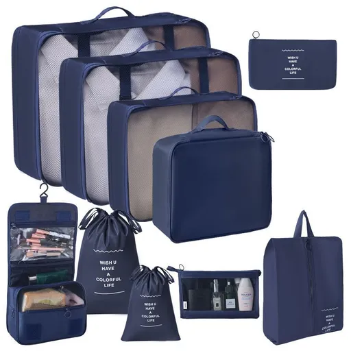 Multi-Function Suitcase Clothing Pouches For Travel, 10 Pcs Organizer Kit Including Double Drawstring Sacks, Cosmetic Pouch & Hanging Wash Bag, Navy Blue, Practical Business Trip Gift