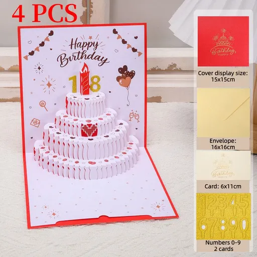 4-Pack - DIY Heart-Shaped Cake 3D Pop-Up Birthday Cards, Two-Color Paper Cut Foldable Greeting Cards - Red