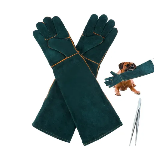 1 Pair 24.4in Animal Handling Gloves Bite Proof, Leather Welding Gloves Reinforced Leather Gloves with 2 Tweezers for Dog Training,Cat,Falcon,Reptile(Blue)