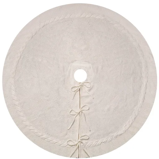 White Luxury Knit Christmas Tree Skirt with Cable-Knit Border - Rustic Holiday Decor(122cm)