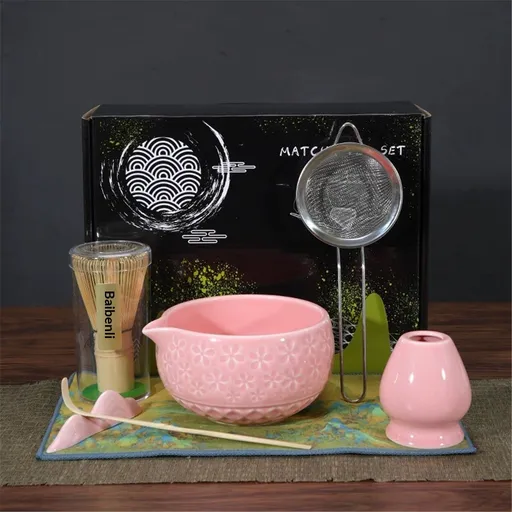 7pcs Matcha Whisk Set- Matcha Set includes Matcha Whisk and Bowl with Spout, Sifter, Holder and Scoop- The Perfect Bamboo Whisk for Matcha Tea (Pink Flowers)