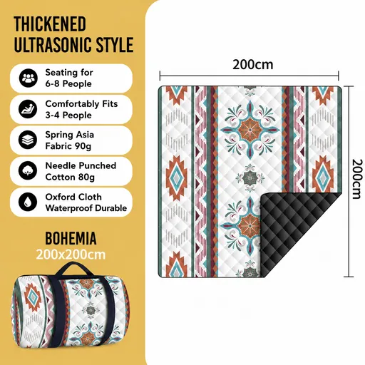 200 x 200 CM Extra Large Thick Waterproof Ultrasonic Picnic Blanket - Bohemian Pattern Outdoor Camping & Beach Mat for 6 to 8 People