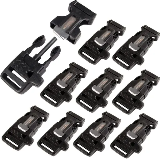 CooBigo 10Pack 3/4" (19mm) Fire Starter Survival Whistle Buckle Flint Scraper for Paracord Bracelet Key Lanyard Ourdoor Hiking Camping Backpack Bag Pets Collar DIY Travel Kits