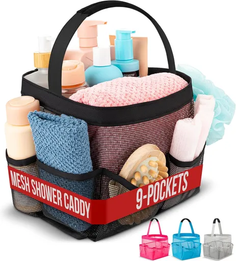 Shower Caddy Mesh - 9 Pocket Portable Bathroom Organizer Tote for Travel, Gym & Dorm - Collapsible Small Shower Caddy Bag to Hold Toiletries & Essentials (Black)