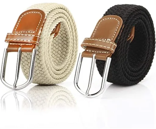 Women's Braided Belt - Stretch Canvas - Elastic Waistband - 2-Pack - No Holes