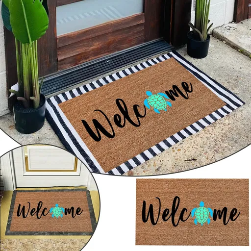 Welcome Turtle Doormat, Non Slip Front Door Mat for Outdoor Porch Entrance and Hallway, Natural Backing Rug for Entryways, Khaki, 23.62 x 15.75 inches