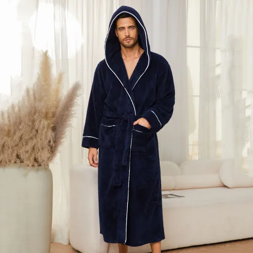 Men's Plush Fleece Hooded Bathrobe Blue XL Size Shawl Collar Dressing Gown - Thick Warm Soft Winter Loungewear with Belt Deep Pockets Machine Washable Home Spa Comfort Gift Ready