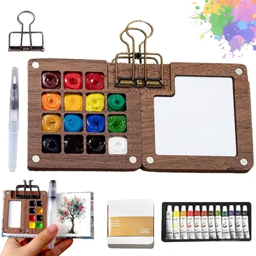Mini Watercolor Paint Set for Travel - Portable Palette with 15 Grids - Pocket Watercolor Set - Pocket Travel Paint Tray Box - Portable Artist Palette Sets with Colors, Book, Binder Clips, Pens, Wooden Paint Box - for Painters, Artists, Students