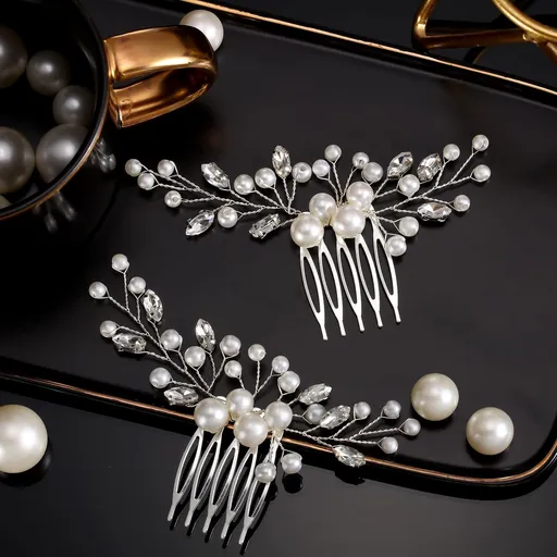 2 Pieces Wedding Pearl Hair Comb Bride Pearl Crystal Headpiece Flower Side Combs Hair Clip Bridal Hair Accessories , Silver